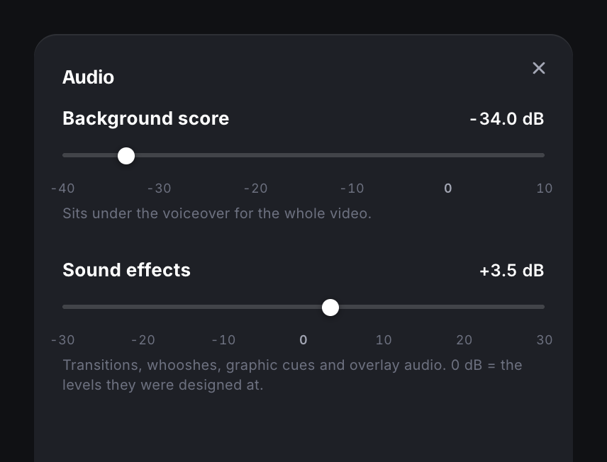 Audio panel with separate Background score and Sound effects volume sliders