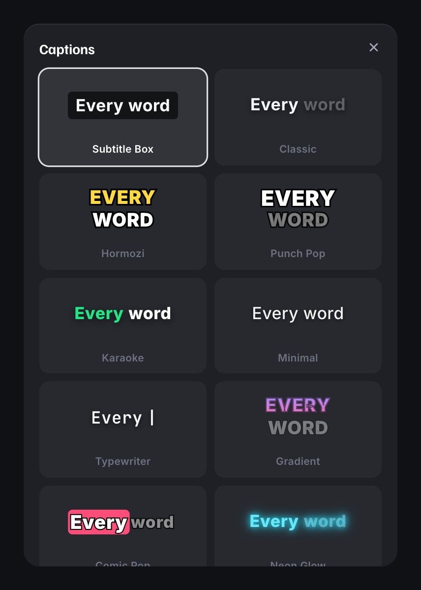 Caption style gallery with Subtitle Box, Classic, Hormozi, Punch Pop, Karaoke and other styles