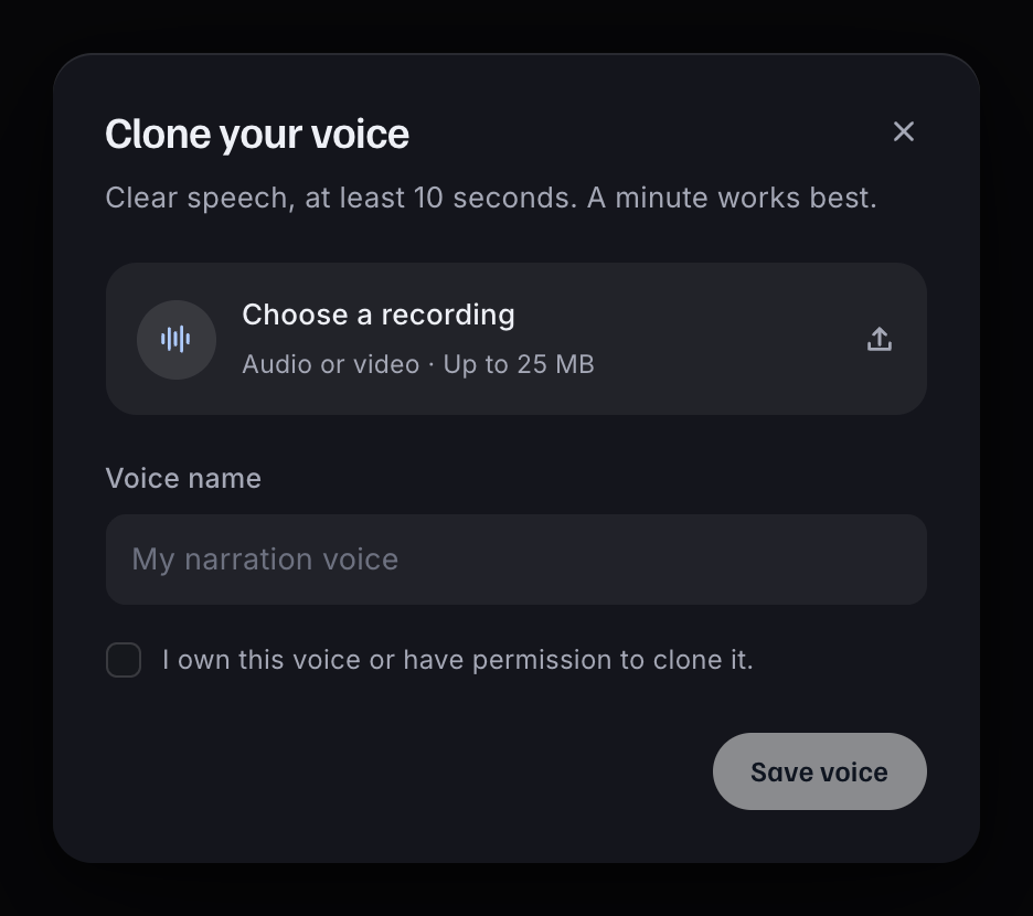 Clone your voice form with recording upload, voice name and permission checkbox