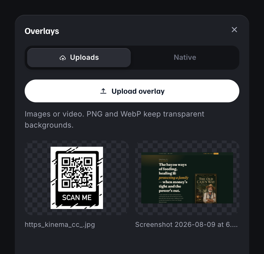 Overlays panel with Uploads and Native tabs, an Upload button, and a QR code image