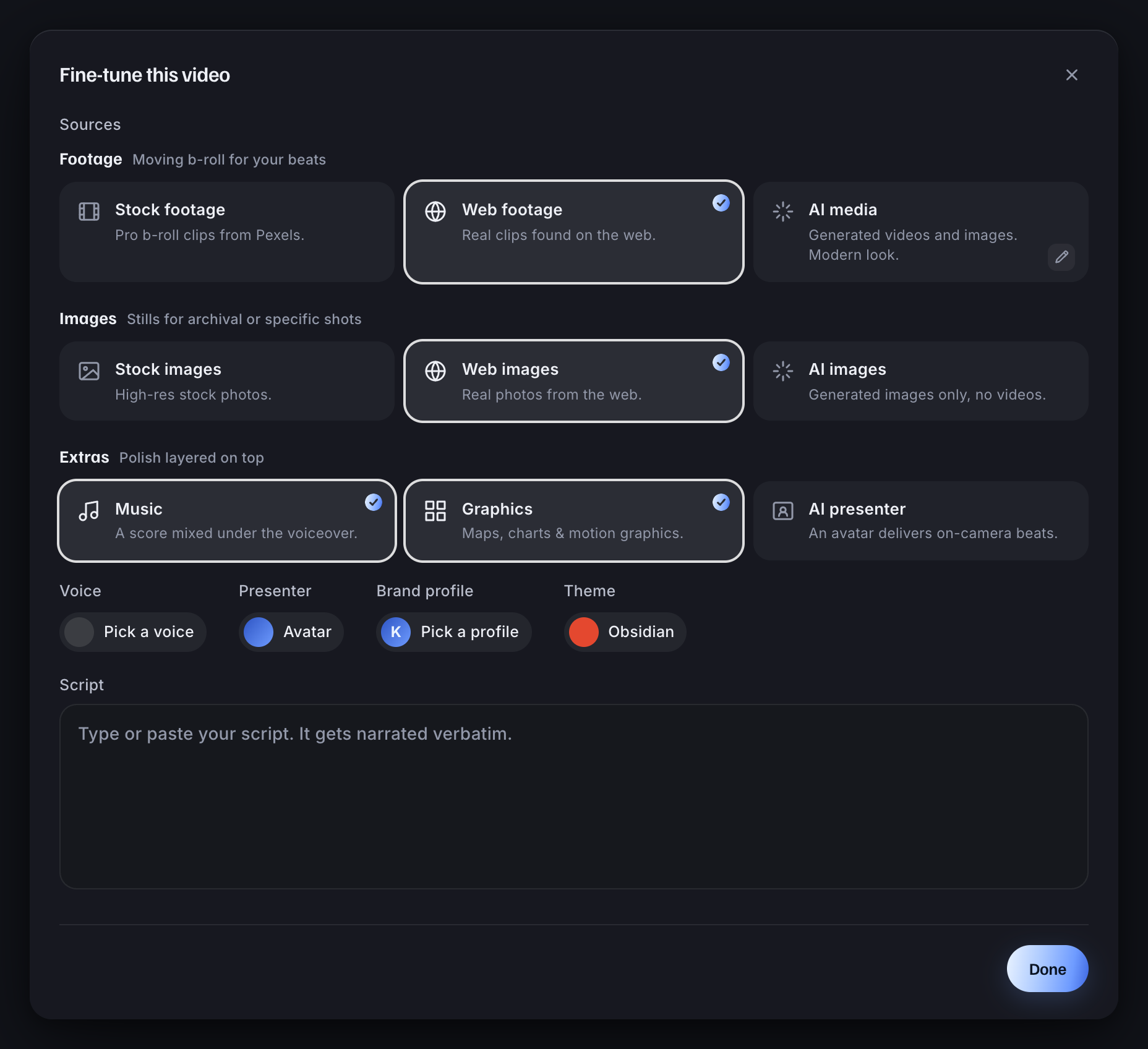 Fine-tune panel with footage, image, music, graphics and presenter choices