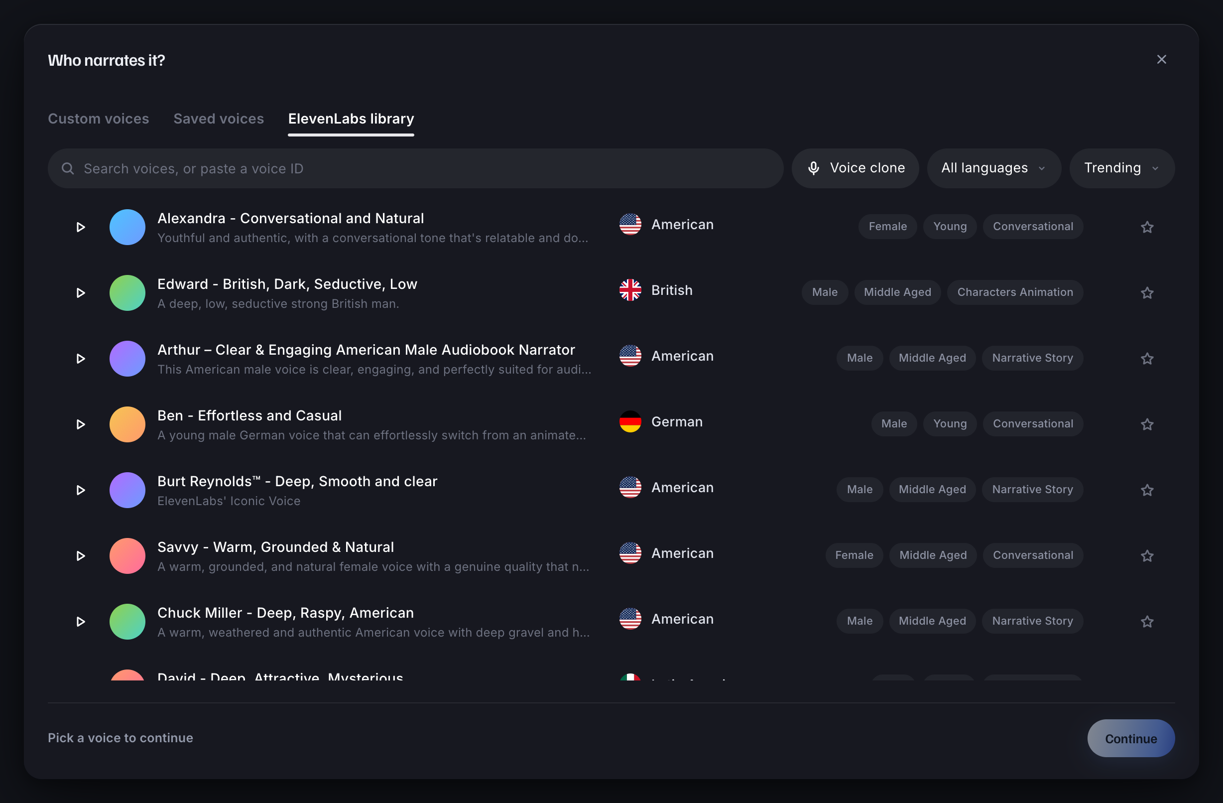Voice library with search, language filters, preview buttons and saved voices